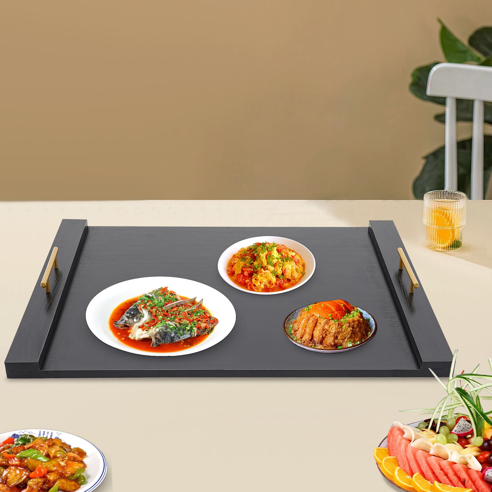 Wood Stove Top Covers for Electric/Gas Stove Top, 30" x 21" Stove Top Cutting Board Noodle Boards for Electric Stove Top Large Serving Tray with Handles (Black)