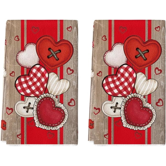 Wood Stripe Heart-Shaped Buttons Valentine''s Day Kitchen Towels Dish Towels, 18x26 Inch Farmhouse Wedding Decoration Hand Towels Set of 2