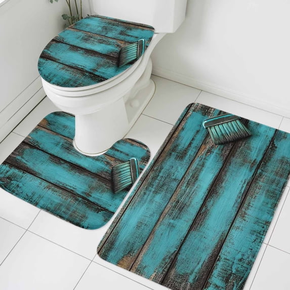 Wood Stripes Bathroom Rugs Set Retro Sage Green Wood Brush Modernism Non Slip Absorbent Soft Bath Mats 3 Piece Set with Bathroom Rug, U-Shaped Floor Mat, Toilet Seat Cover Small Size