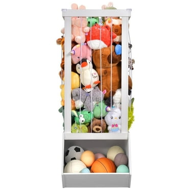 2-in-1 Vertical Stuffed Animal Storage Tower with Toy Drawer & Anti-Tip Safety Design – 50'' Premium Wood Toy Zoo with Elastie Rope & Easy Assembly for Kids' Bedrooms