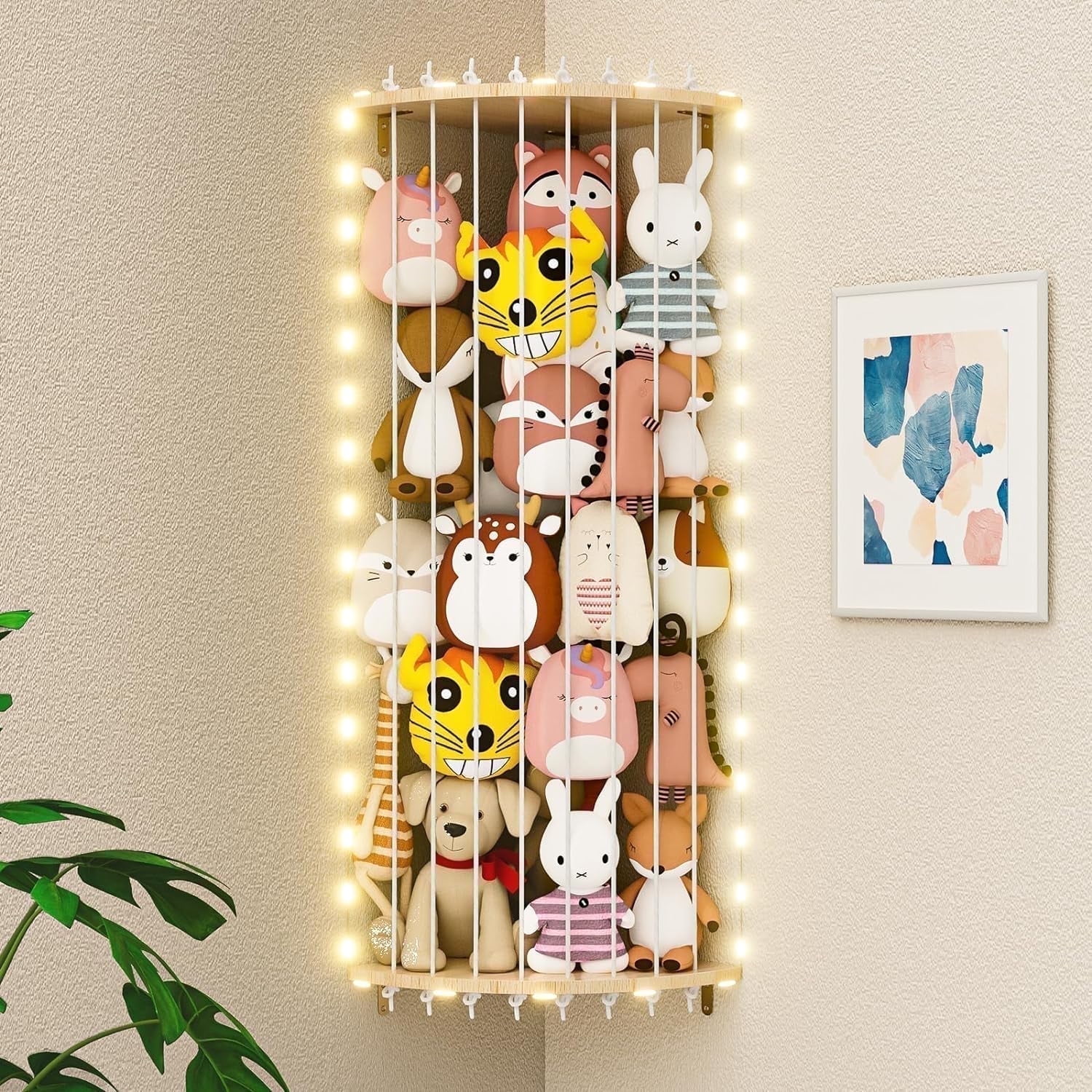 TIAGOWELL LUFF Wood Stuffed Animal Storage Corner Holder, Kids Toy Animals Organizer with Lights Led Light Adjustable Length, Nursery Wall Hanging Plush Toy Stuffed Animal Shelfr for Kids Room Bedroom
