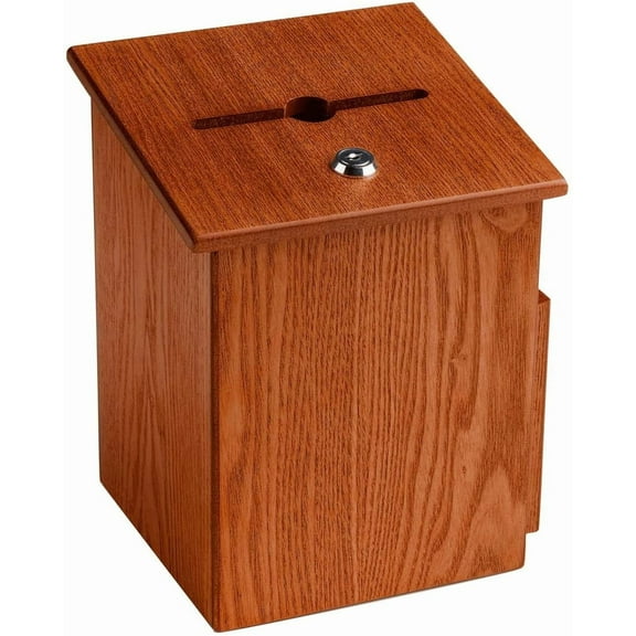 Wood Suggestion Box, Ballot Box with Side Pocket, Locking Hinged Lid and Pen, for Wall or Counter - Medium Oak (Ballots Not Included)