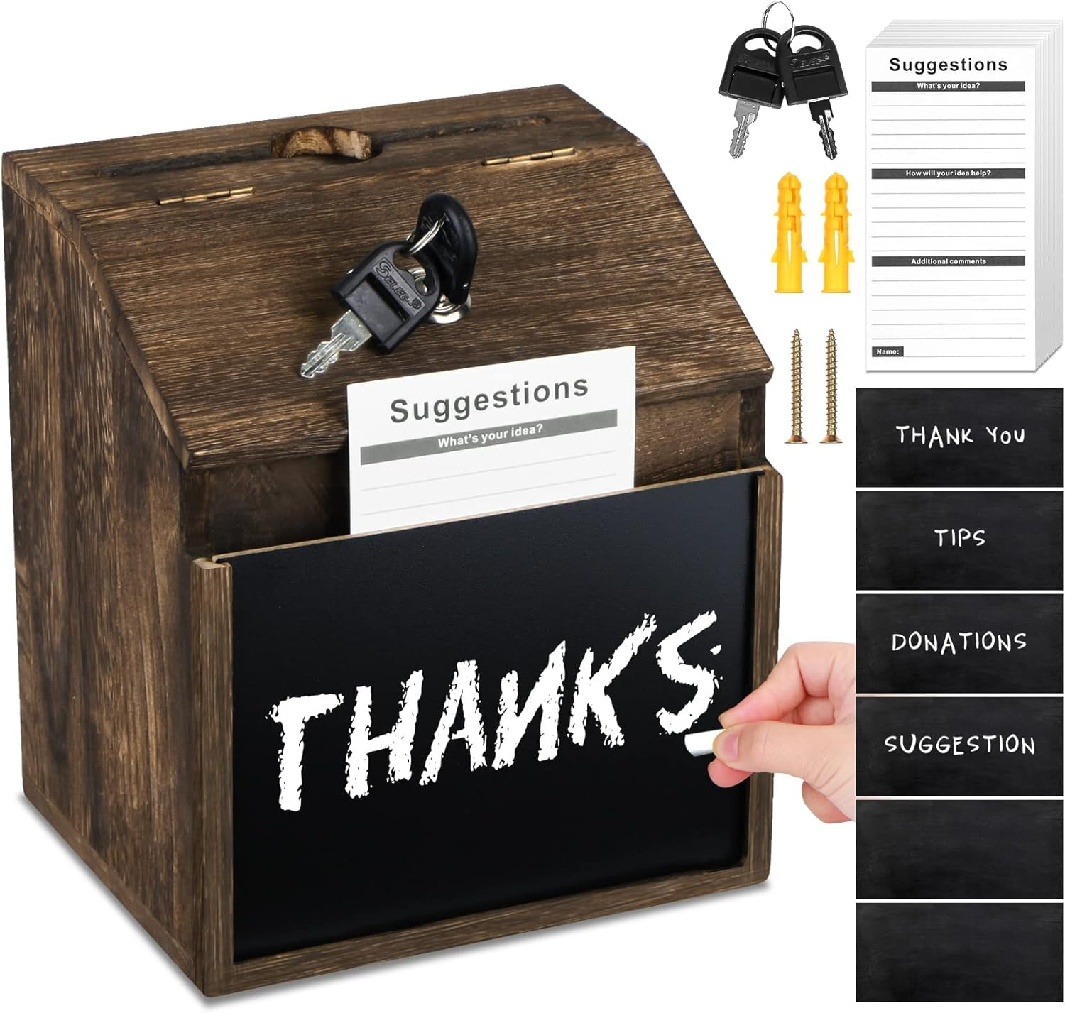 Wood Suggestion Box with Lock 6 Chalkboard 100 Suggestion Cards Tip Jar Donation Wall Mountable