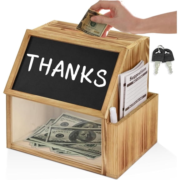 Wood Suggestion Box with Lock, Retro Donation Ballot Box with Slot Lock Chalkboard, Money Drop B for Tips Ballot Donation Comment, Includes 2 Keys, 20 Suggestion Cards, Pen