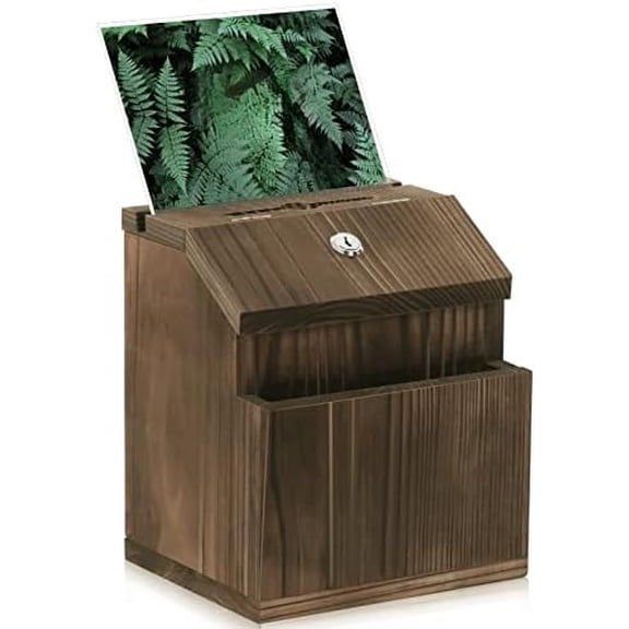 Wood Suggestion Box with Lock Wall Mounted, Rustic Ballot Donation Key Drop Box with Clear Acrylic Sign Holder and 30 Free Suggestion Cards 9H x 6.9W x 8.5L Inch