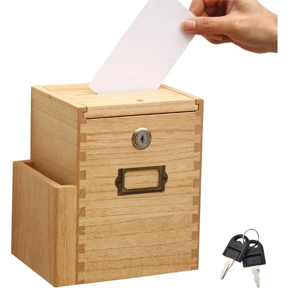 Wood Suggestion Box with Secure Lock & 2 Keys Wall Mounted Donation and Ballot with Side Pocket Comment Collection Box for School, Office, Hospital (DSYJX-NA)