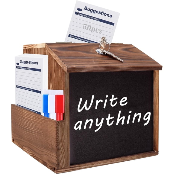 Wood Suggestion Box with Slot and Lock,Wooden Tip Money Drop Donation Boxes For Saving Fundraising,Prayer Ballot Comment Box Countertop Wall Mounted with Chalkboard and Keys for Church,Wedding
