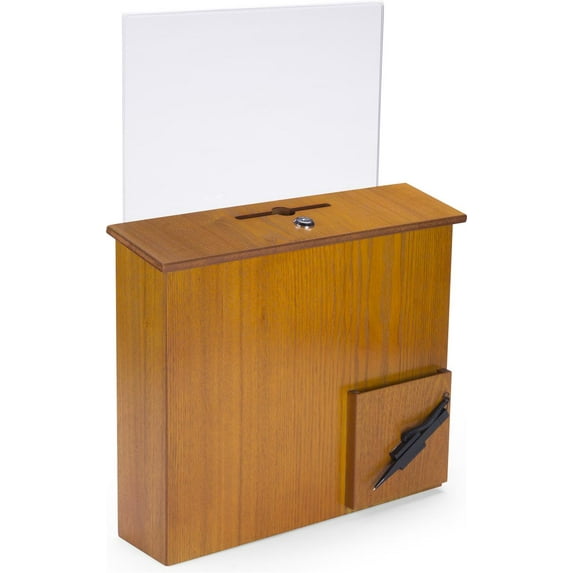 Wood Suggestion Box with Hinged Locking Door - Pen, and Pocket, Wall Mount or Countertop (Medium Oak) (DBWACSHBMO)