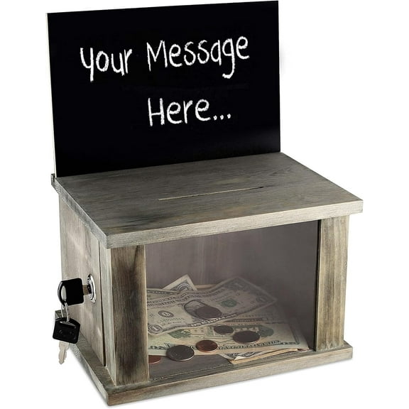Wood Suggestion and comment Box 8.75 x 6 Charity Donations Collection Box Wood countertop Register tip box with Removable Black Chalkboard 8.5 x 6" lock and set of keysRustic Green/Gray
