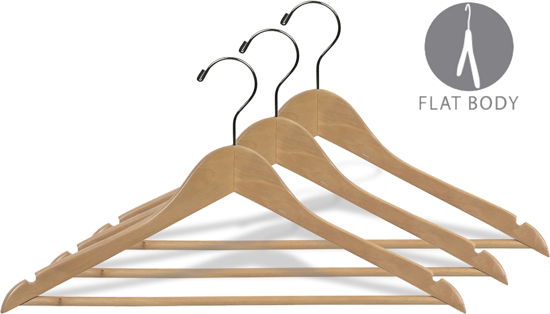Wood Suit Hanger w/ Solid Wood Bar and Natural Finish, (Box of 25) Space Saving 17 Inch Flat Wooden Hangers w/ Chrome Swivel Hook & Notches for Shirt Dress or Pants by International Hanger