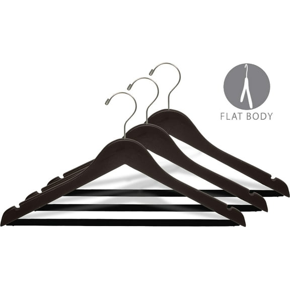 Wood Suit Hanger w/ Velvet Non Slip Bar, Box of 25, 17 Inch Flat Wooden Hangers w/ Espresso Finish & Brushed Chrome Hook & Notches for Shirt Dress or Pants by International Hanger