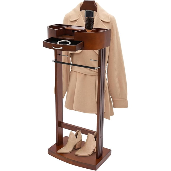 Wood Suit Rack, Valet Stand for Men and Women, Valet Stand Clothing Rack Organizer, Freestanding Coat Stand for Bedrooms, Living Rooms, Hallways, Foyers, Offices
