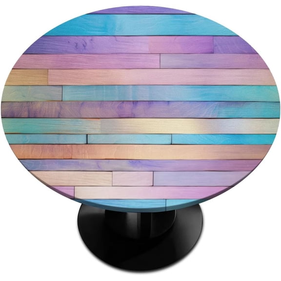 Wood Summer Rainbow Round Tablecloths with Elastic Edge Fitted Round Table Cloth Small Wipeable Washable Circle Table Covers for Dinner Patio Party Indoor Outdoor Kitchen Decor (Fit 36-44 In)