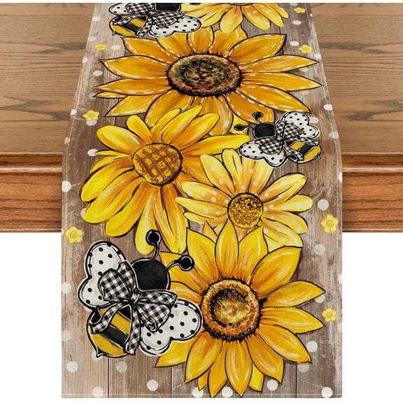 Wood Sunflower Bee Flower Polka Dot Summer Table Runner, Seasonal Kitchen Dining Table Decoration for Home Party Decor 13x36 Inch