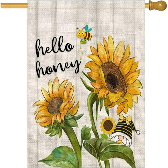 Wood Sunflower Garden Flag 28x40 Inch Double Sided Animal Bee King House Flag Sunflowers Floral Large Flag Burlap Decor for Outdoor Yard Hello Honey Farmhouse Outside Flags Garden Banner (Honey)