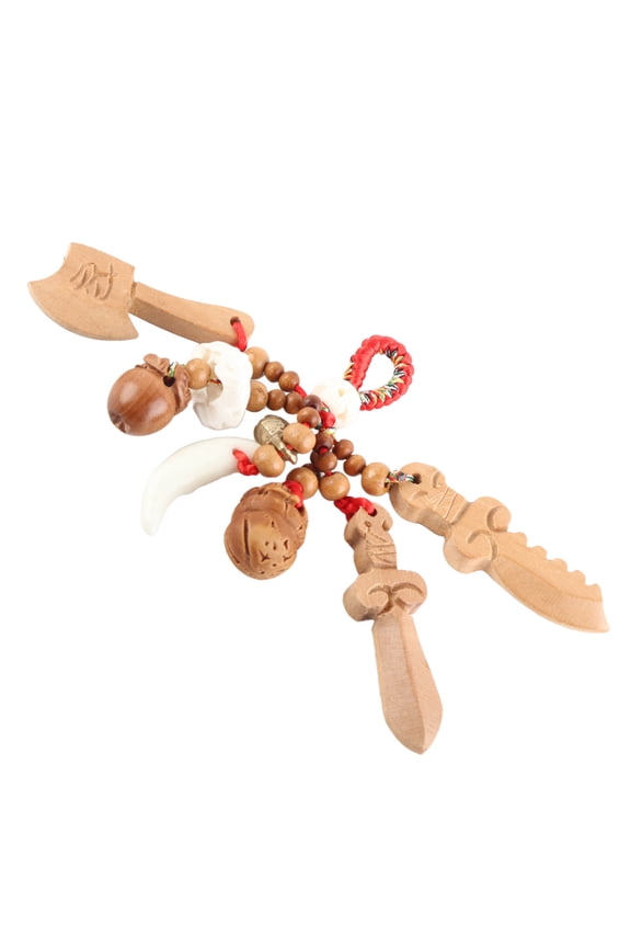 Wood Sword Amulet Keychain Good Luck Feng Shui Protection Charm Pendant for Car Keys and Bags