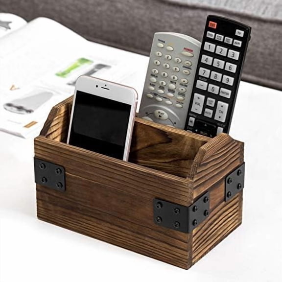 Wood TV Remote Control Holder, Remote Organizer Storage Caddy for Table with 2 Compartments and Decorative Black Metal Wrap Accents, Rustic Burnt