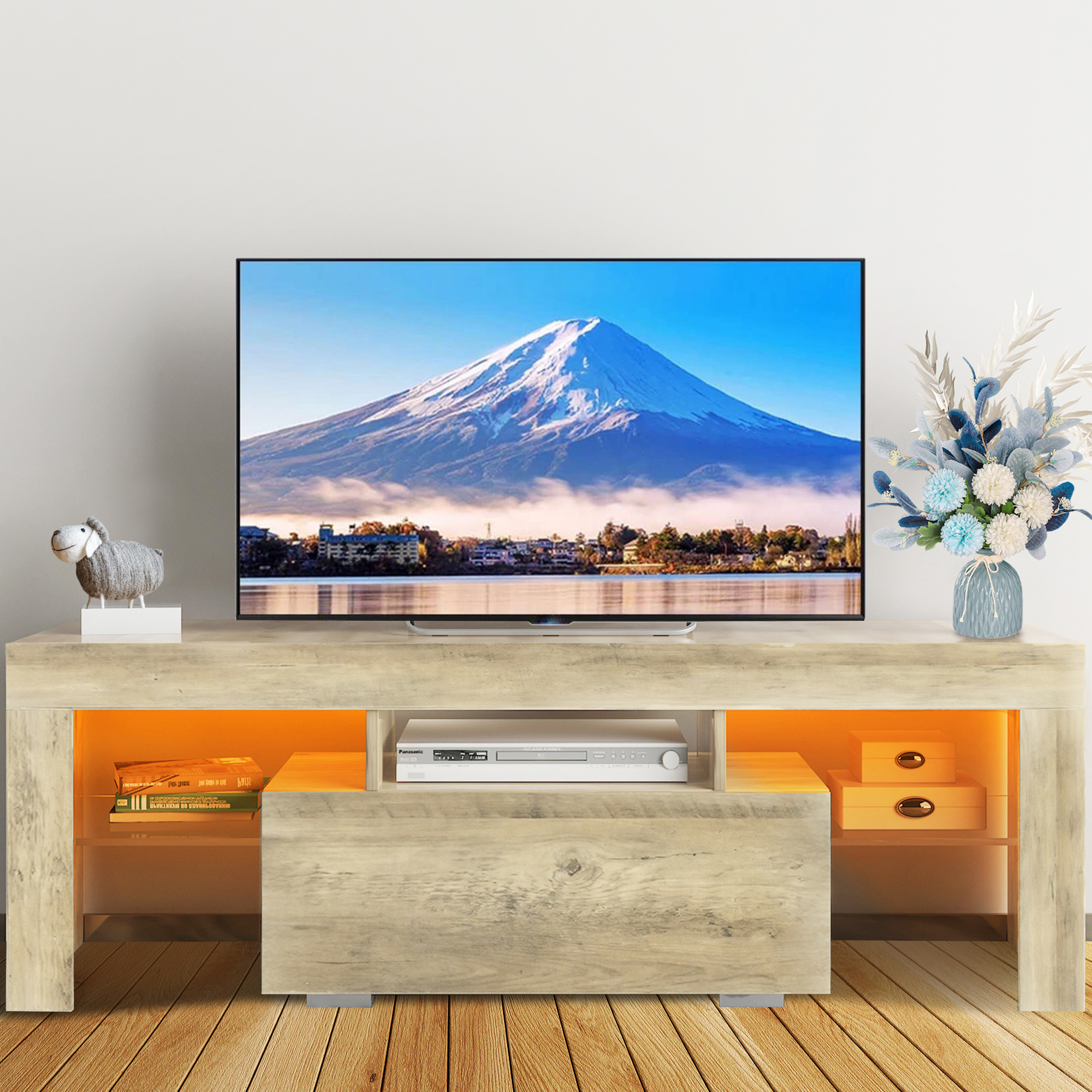 Wood TV Stand for 55 inch TV, Farmhouse Rustic Wooden Television Stands