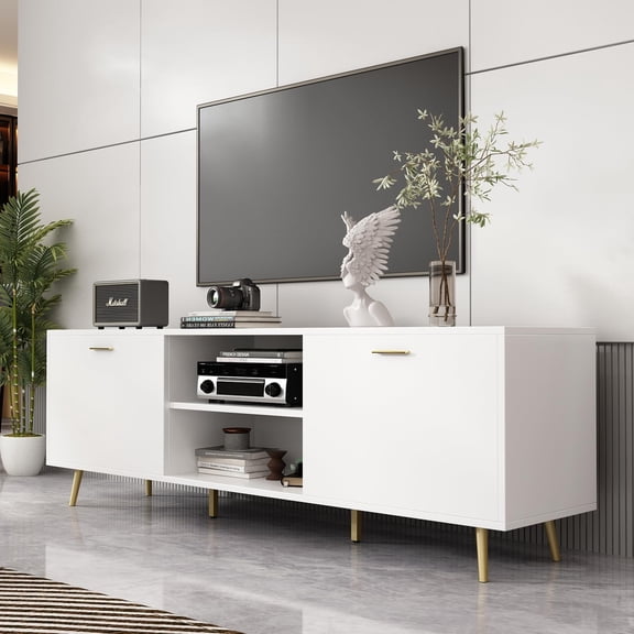 Wood TV Stand for 75 Inch TVs, Media Console with Storage Cabinet & Cord Management, Modern Entertainment Center with Metal Legs for Living Room Bedroom, White