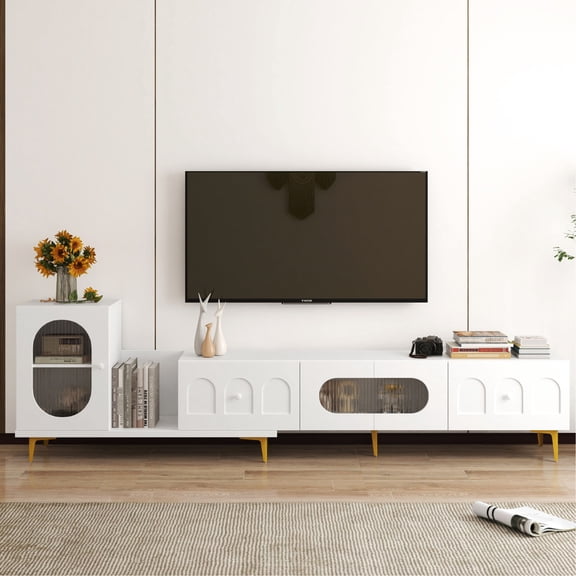 Wood TV Stand with Expandable Feature | Holds Remote Controls, CDs and More | Melamine Finish for Easy Maintenance | Fits into Various Interior Styles