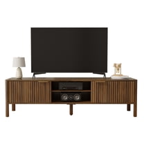 Wood TV Stand, Mid-Century Modern Walnut Entertainment Center with Fluted Door Storage Cabinets and Adjustable Open Shelves for Living Room Bedroom