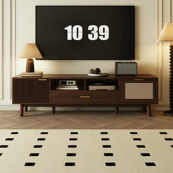 Wood TV Stand for 75 Inch TVs Modern Entertainment Center with Soft Close Cabinet Drop Down Door Solid Wood MDF Dark Brown