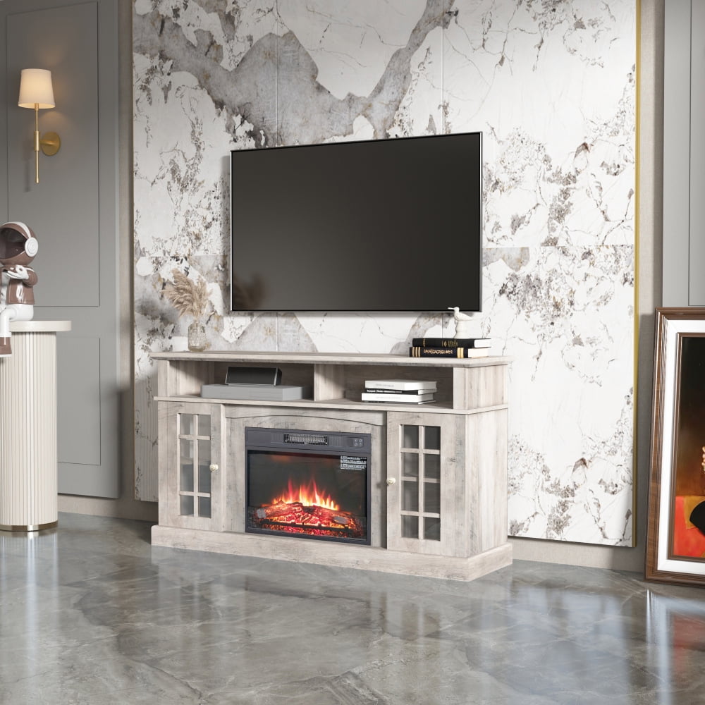 Wood TV Stand with Electronic Fireplace and Remote Control, TV Cabinet ...