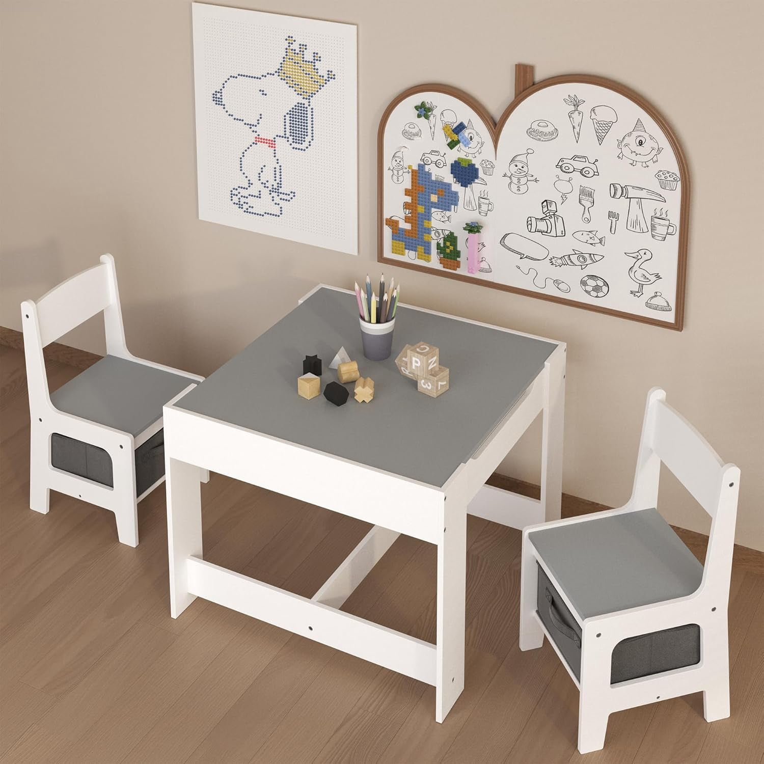 Wood Table & Chairs Set for 2 Kids, 3 in 1 Wooden Activity Table ...