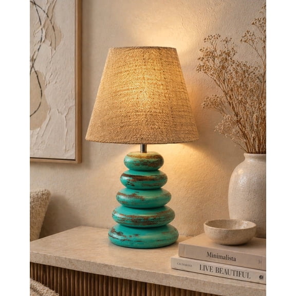 Wood Table Lamp French Country Rustic Bedside Desk Nightstand Lamp for Bedroom Living Room Office LED Bulb Included,Algae Multi-Pebble Jute