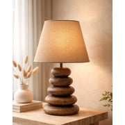 Wood Table Lamp French Country Rustic Bedside Desk Nightstand Lamp for Bedroom Living Room Office LED Bulb Included, Walnut Multi-Pebble Jute