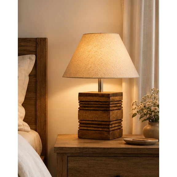 Wood Table Lamp, Modern Base Fabric Lampshade for Home Office Cafe Restaurant, Rib Cube , Jute Cone