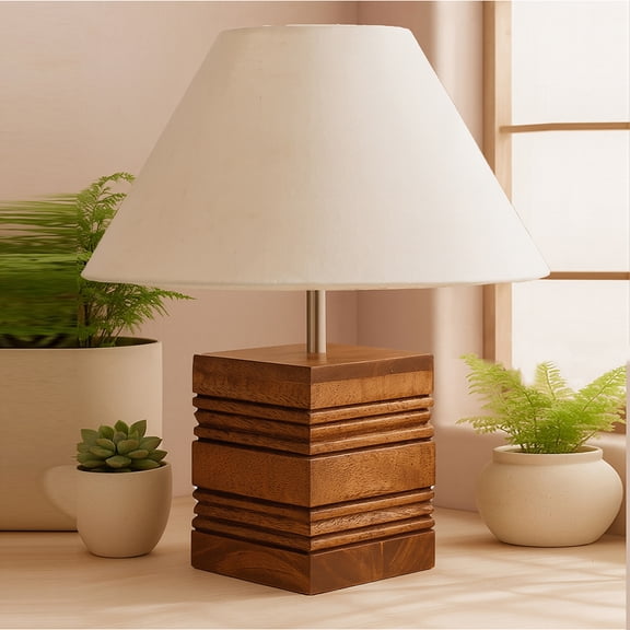 Wood Table Lamp, Modern Base Fabric Lampshade for Home Office Cafe Restaurant, Rib Cube, Khadi Cone