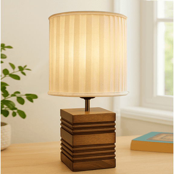 Wood Table Lamp, Modern Base Fabric Lampshade for Home Office Cafe Restaurant, Rib Cube, White Frill