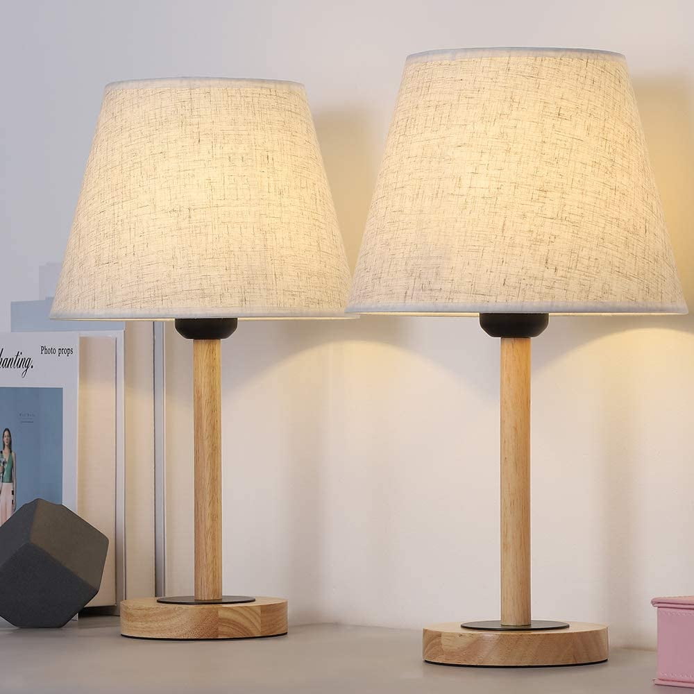 Wood Table Lamp Set of 2, Small Bedside Lamp with Linen Lampshade