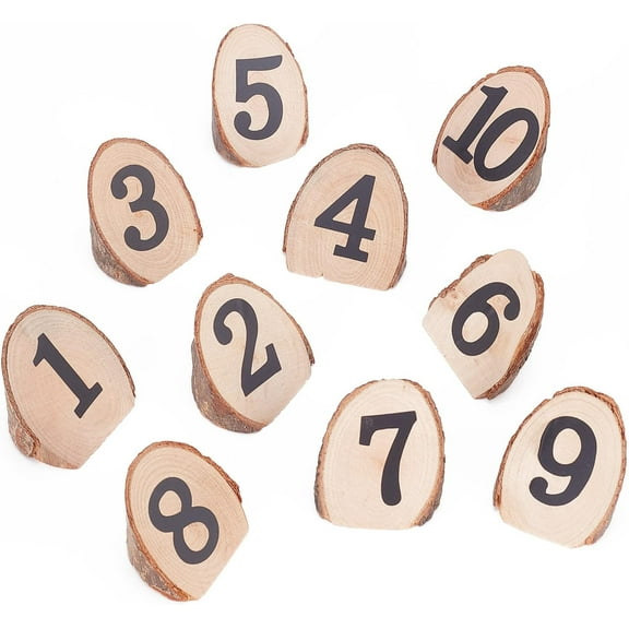 Wood Table Numbers 1-10 Wedding Table Numbers Wood Slice Table Centerpieces with 10pcs Number Stickers Wood Base Wedding Table Number Holder for Party Birthday Wedding Arts Crafts Wall Decor DIY