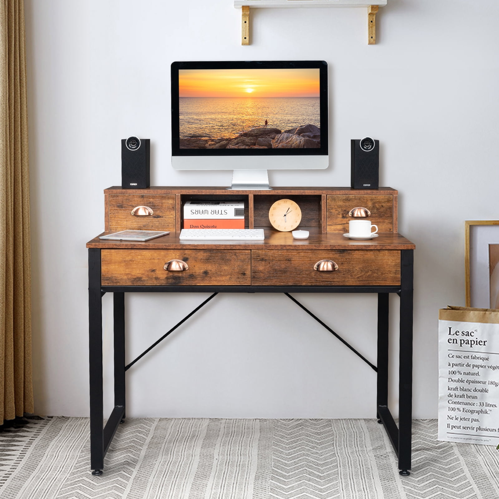 Wood Table Top Study Computer Desk, 2 Small Drawers 2 Large Drawers, Black Steel Frame Particle Board