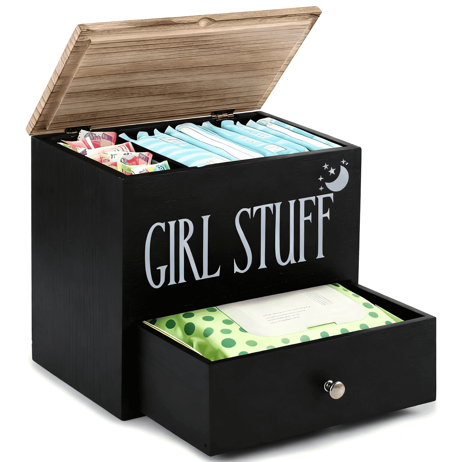 Wood Tampon Holder for Bathroom, Feminine Product Organizer with 3-Tier Compartments, Pad and Tampon Organizer 9.4" x 5.6" x 8.9"