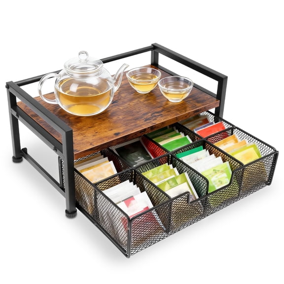 Wood Tea Bag Organizer Large Capacity Coffee Pod Organizer for Counter Multipurpose Tea Bag Caddy Storage Box for Kitchen Office Coffee Bar
