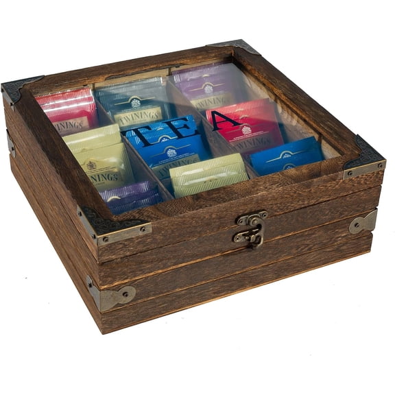 Wood Tea Box Organizer, Tea Storage Chest with Glass Lid, 9 Compartments, Tea Bag Holder Organizer for Cabinet, Pantry