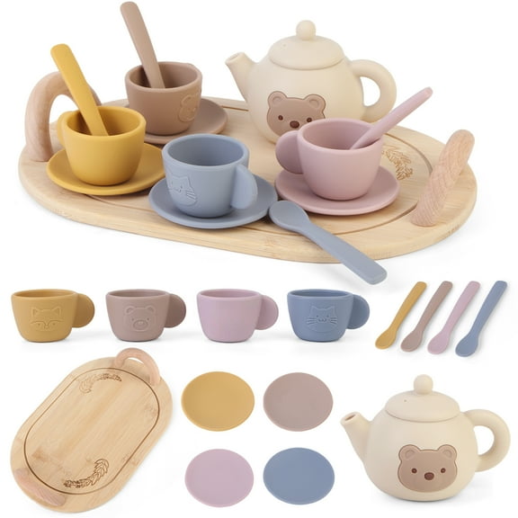Wood Tea Party Set of 15 for Kids, Toddler Tea Set with Silicone Teapot Cups Carrying Tray, Pretend Play Wooden Toys Accessories for 3+ Kids