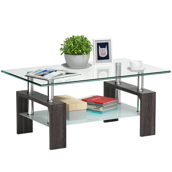 Costway Wood Tempered Glass Top Coffee Table Rectangular w/ Shelf Home Furniture