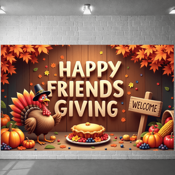 Wood Texture Happy Friendsgiving Pumpkin Banner Decorative Turkey Pie Design for Autumn Celebration Holiday Decoration Indoor