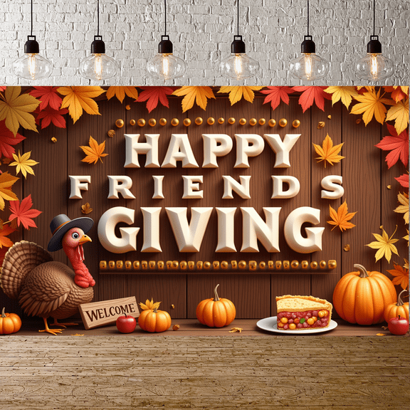 Wood Texture Happy Friendsgiving Pumpkin Banner Decorative Turkey Pie Design for Autumn Celebration Holiday Decoration Indoor