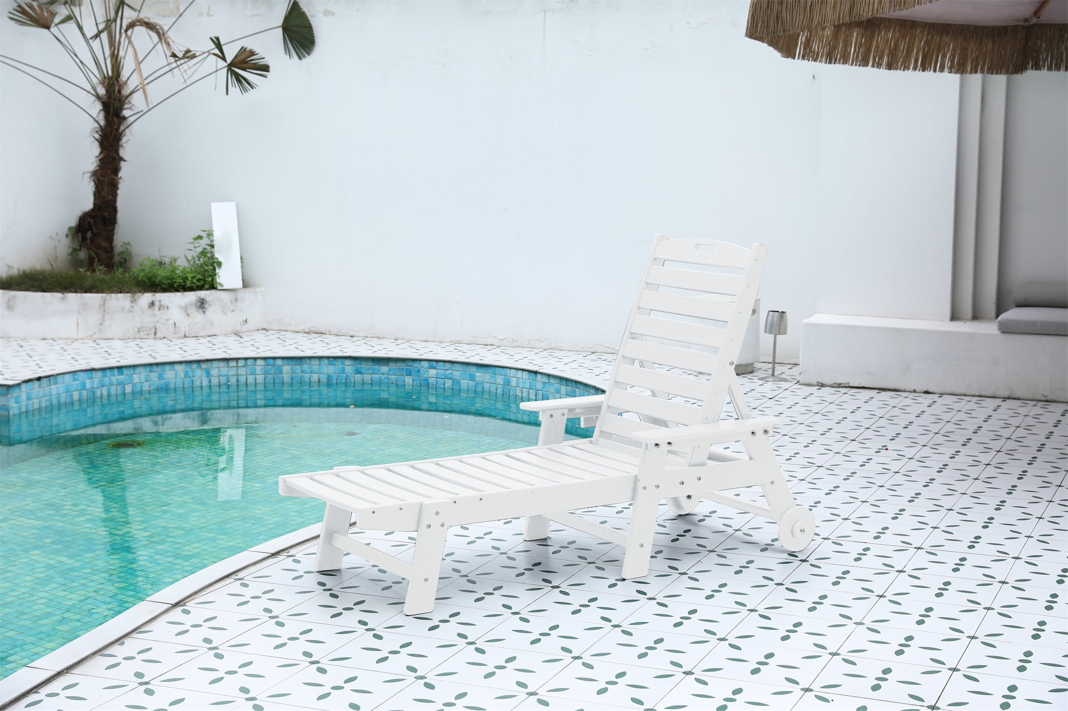 Wood Texture Outdoor Lounge Chair, 5 Position Adjustable Oversized Chaise Recliner for Pool Deck Garden Patio Yard, White