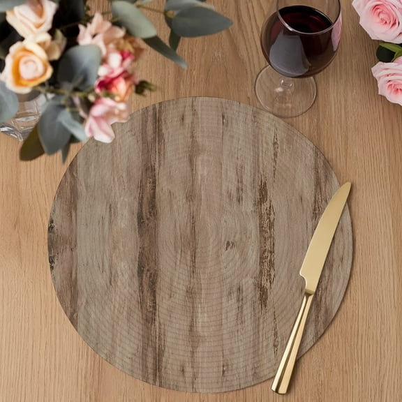 Wood Texture Round Braided Placemats Set of 1, Brown Tree Bark Striped Wooden Fibers Vertical Knots Heat Insulation Place Mats Washable Non-Slip Table Mats for Kitchen Dining Party, 13 Inches