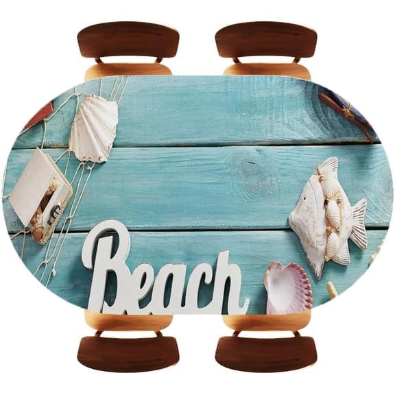 Wood Texture Summer Background top View of Beach Oval Elastic Fitted Tablecloth, Decorative Tabletop for Kitchen Dinner Holiday Family Use, Fits 48"x68" Oval Tables, Style08
