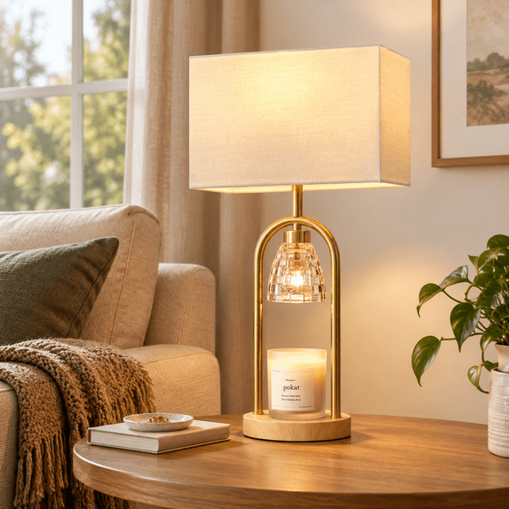 Wood-Textured Table Lamp with Candle Warmer, Dual Light Function ...
