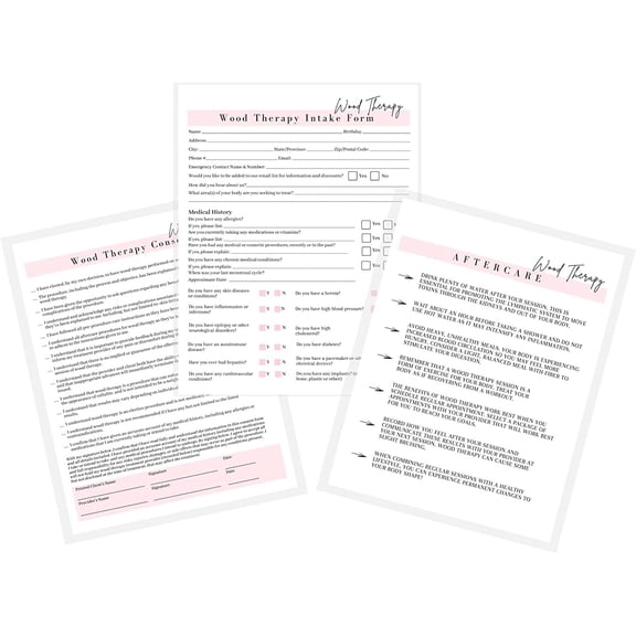 Wood Therapy Intake, Consent, and Aftercare Form 75 Pack 8.5 x 11" A1 Forms Clients Signature Consent Forms for Wood Therapy Providers Wood Therapy Forms Bundle White and Pink Design