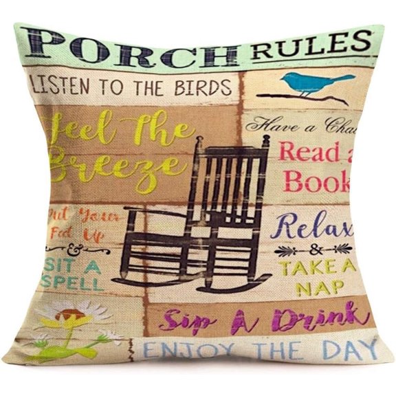 Wood Throw Pillow Cover Retro Porch Rules Quote Throw Pillow Cases 20x20 Inch Cotton Linen Decorative Farmhouse Pillowcase Funny Lettering Cushion Cover for Sofa Couch (Porch Rules, 20"X20")