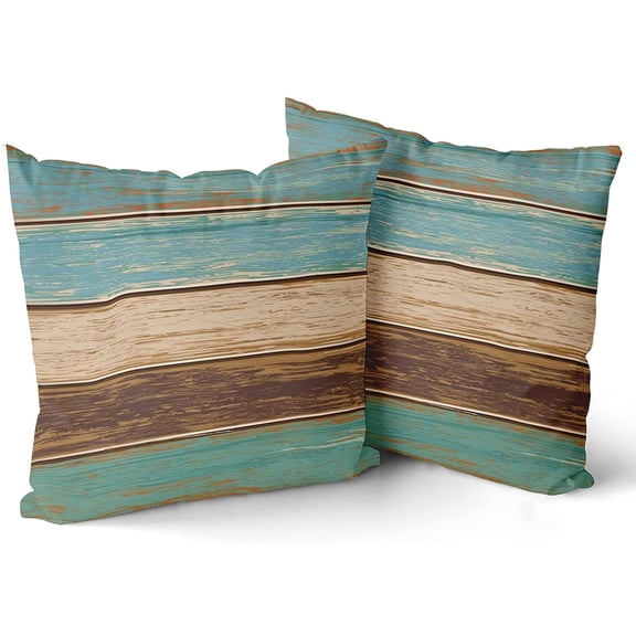Wood Throw Pillow Cover Set of 2 Retro Rustic Teal Green Brown Pillow Case Cotton Decorative Pillow Cases 18x18inch Double Sided Cushion Covers for Indoor Outdoor Bedroom
